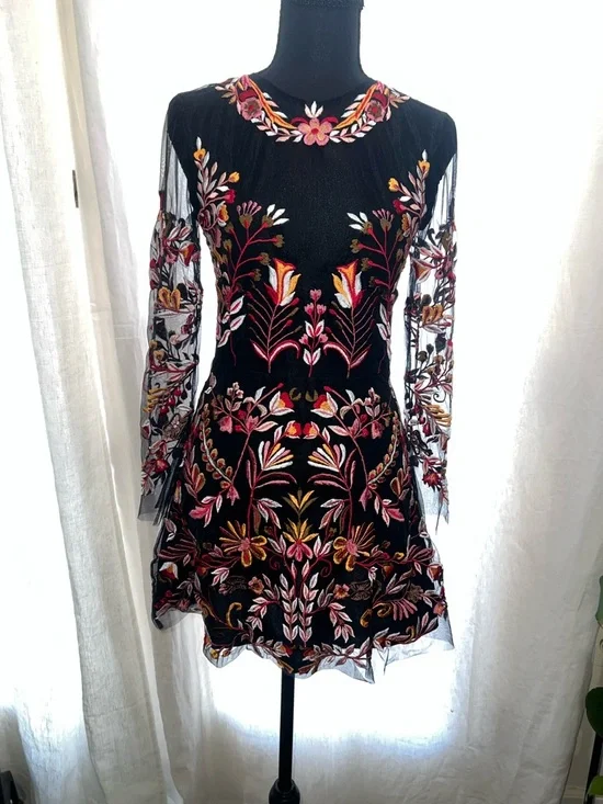 Karina Grimaldi Black Mini Dress with Pink and Gold Floral Embroidery - Picture 1 of 5